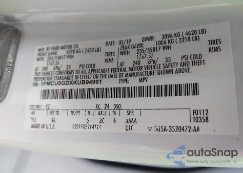 2019 Ford Escape Se from USA, damaged, VIN 1FMCU0GDXKUB94991